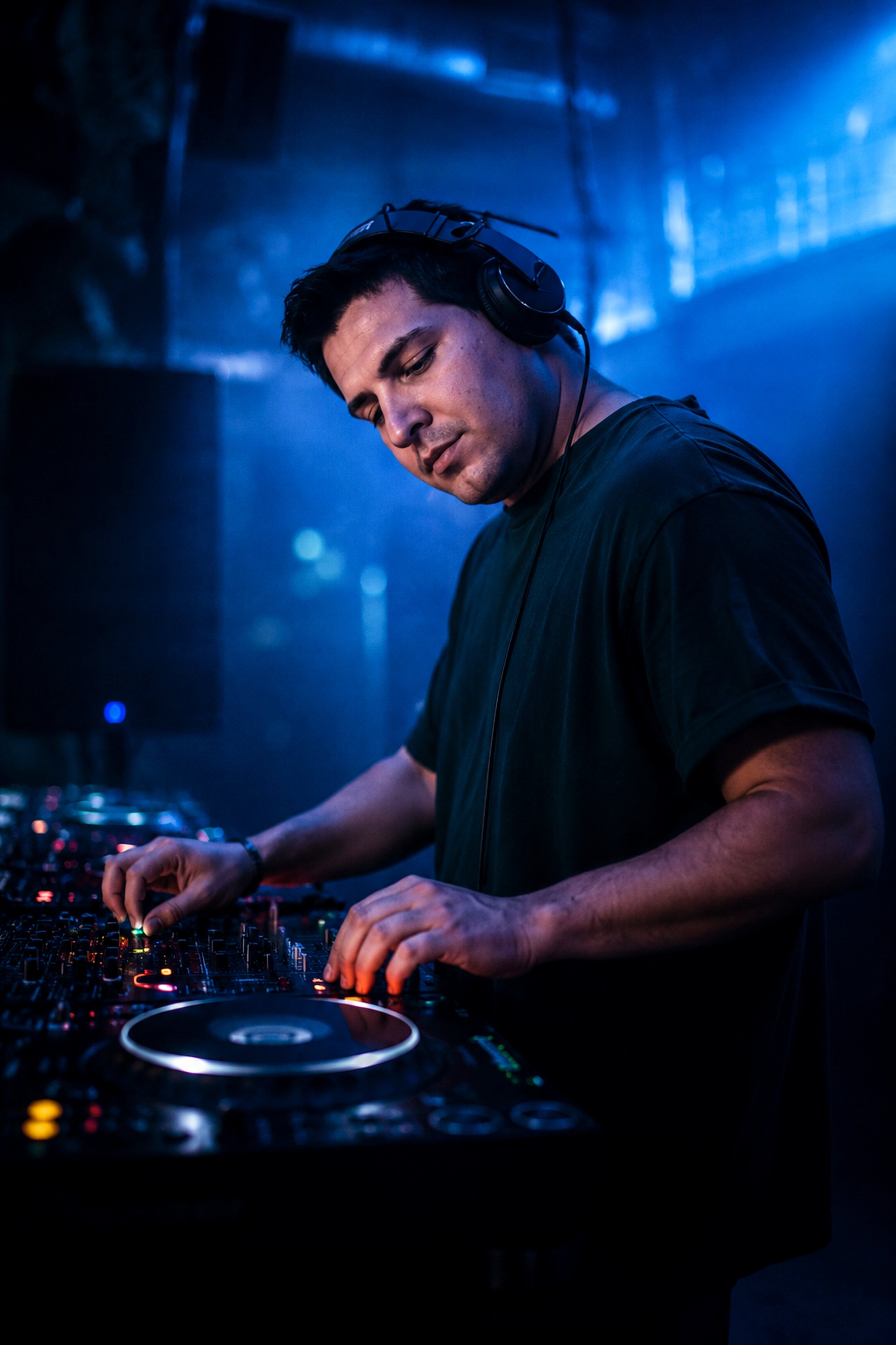 DJ CAM at a DJ console under blue club lighting