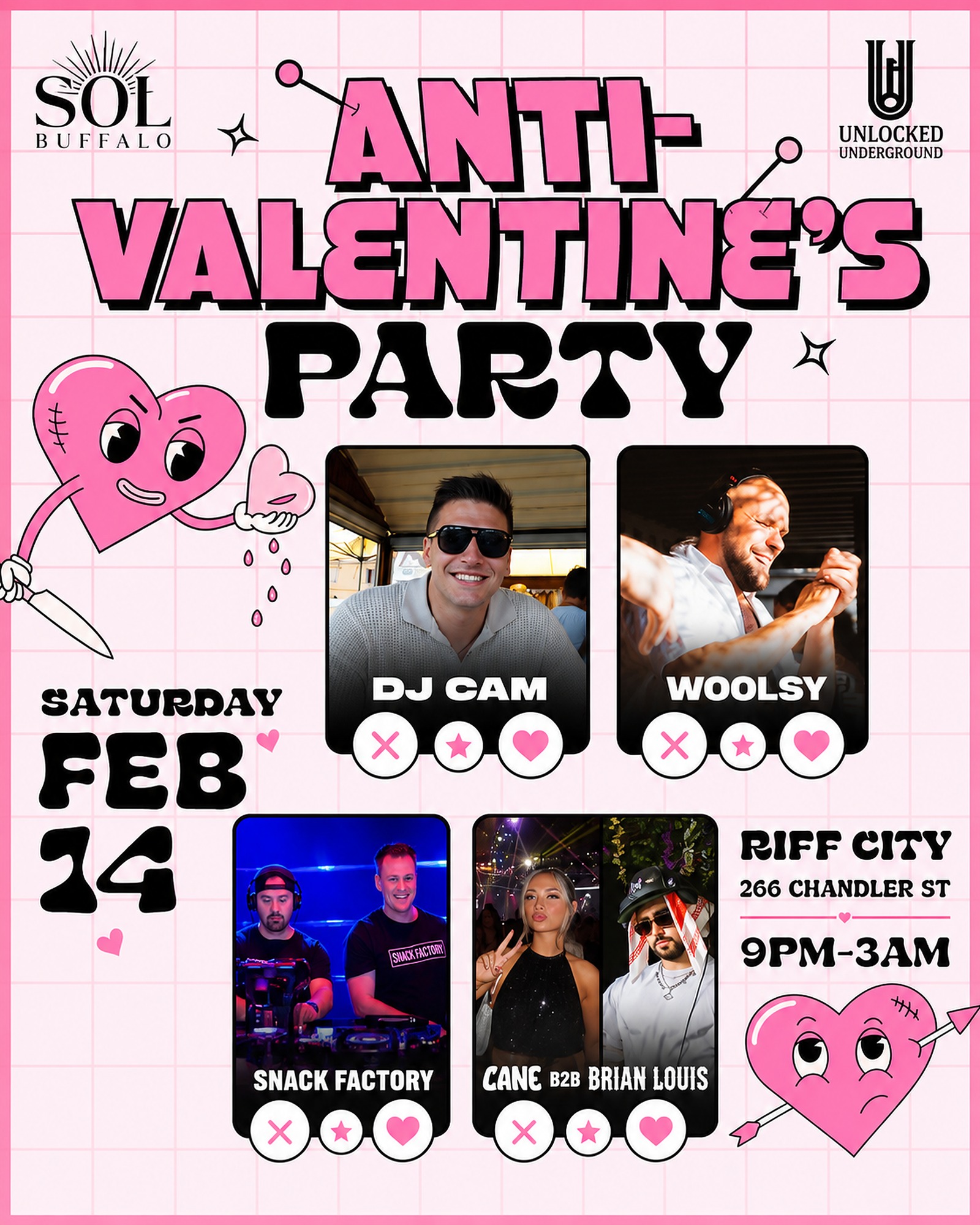 Anti-Valentine's Party poster featuring DJ CAM at Riff City